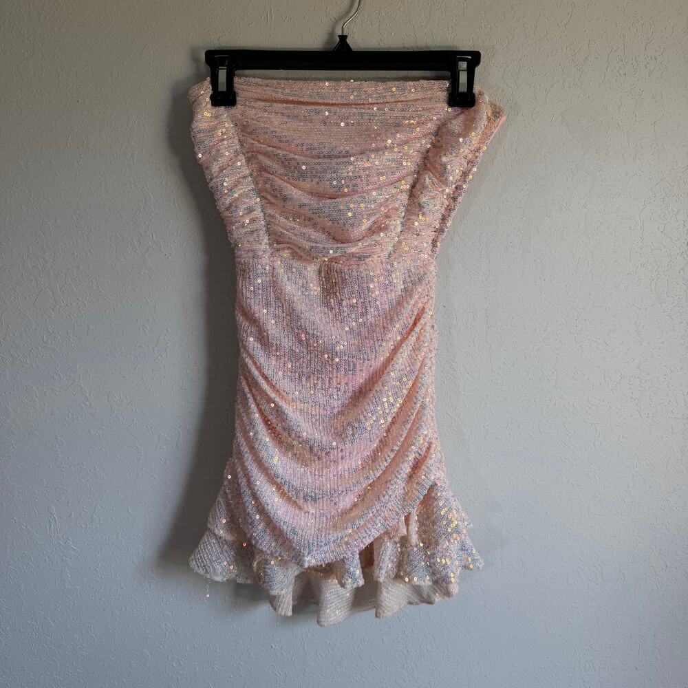 Lucy in the Sky Rosemary Sequin Ruched Bodycon Mini Dress Peachy Pink Womens XS
